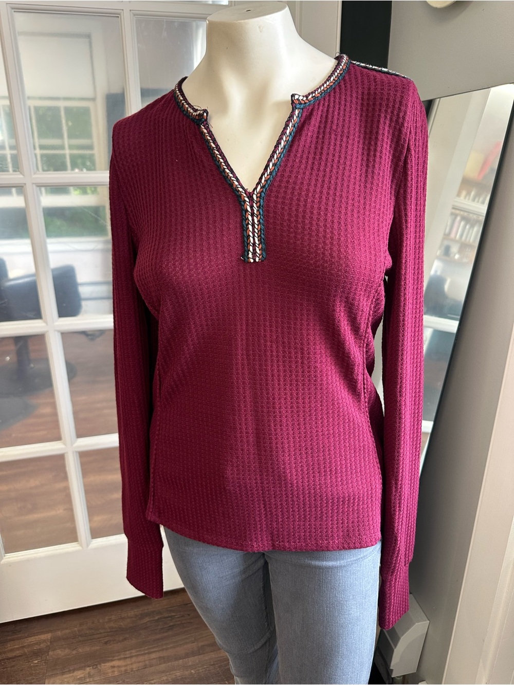 DR2 Long-Sleeve Waffle Knit Top in Raspberry with Braided Trim